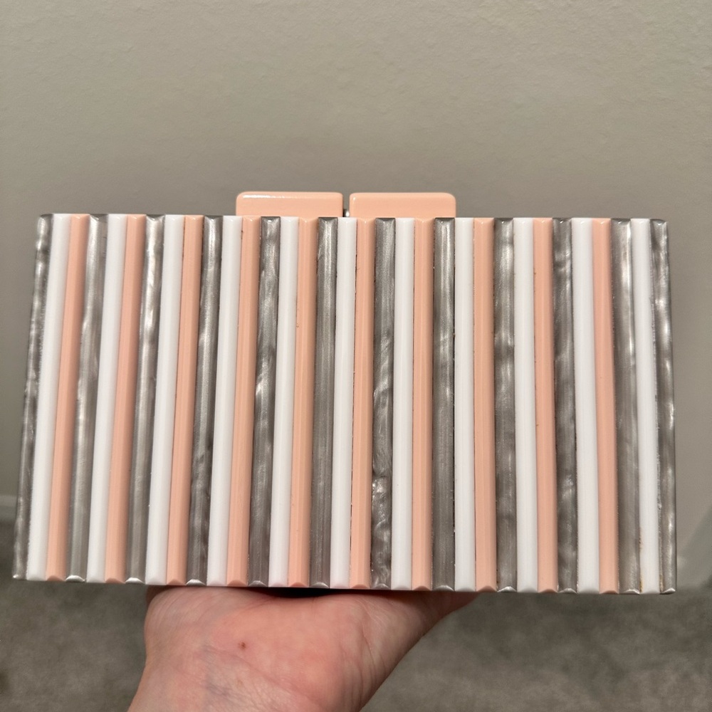 Striped Clutch in Light Pink, White, and Silver